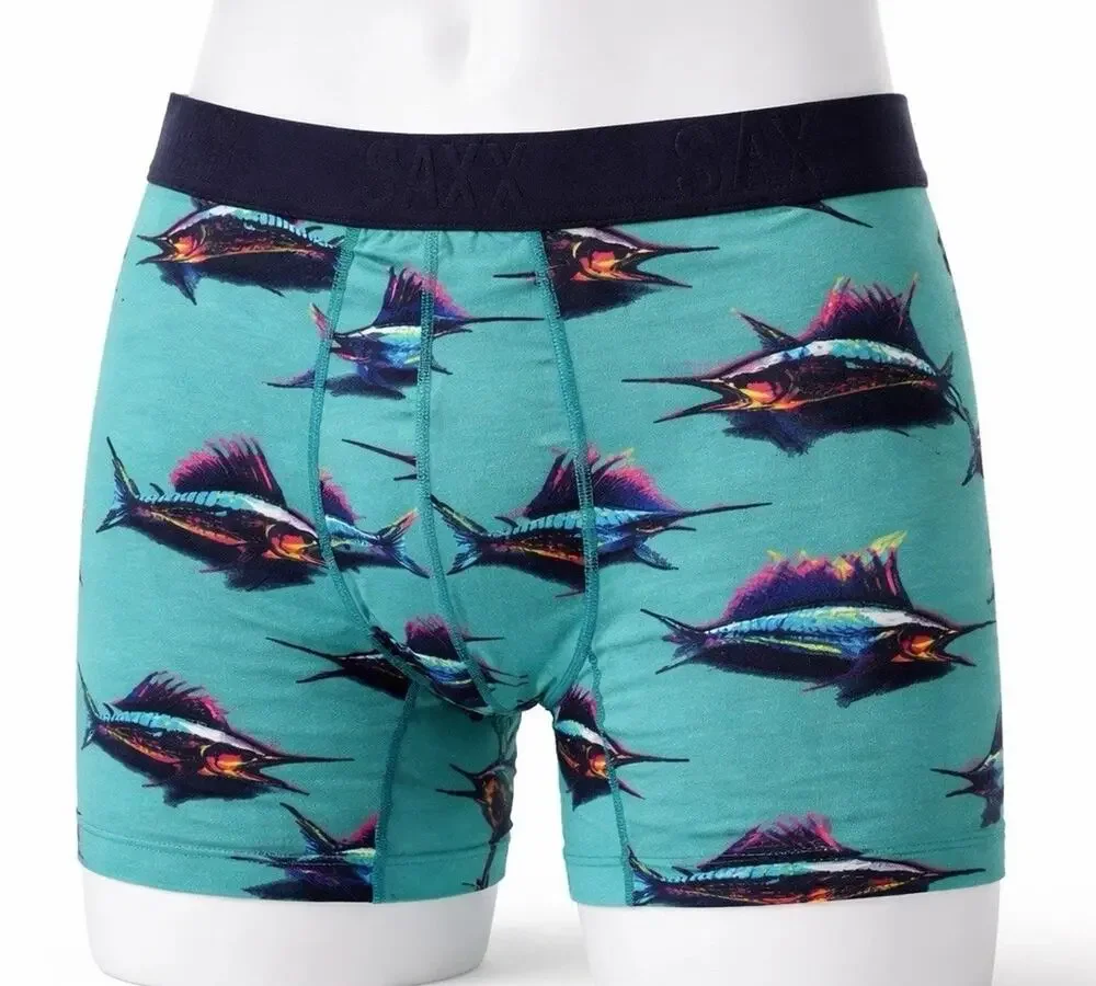 Saxx DropTemp Boxer Briefs Men Small Teal Fish Print Ballpark Pouch NWT
